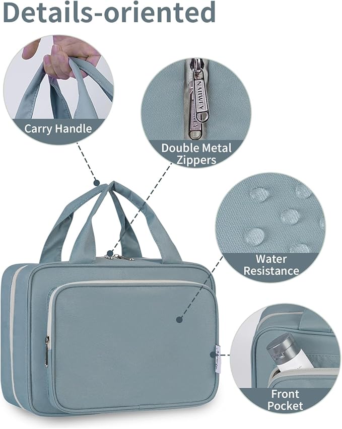 Narwey Hanging Toiletry Bag for Women Travel Makeup Bag Organizer Toiletries Bag for Travel Size Essentials Accessories Cosmetics (Greyish Blue (Medium))