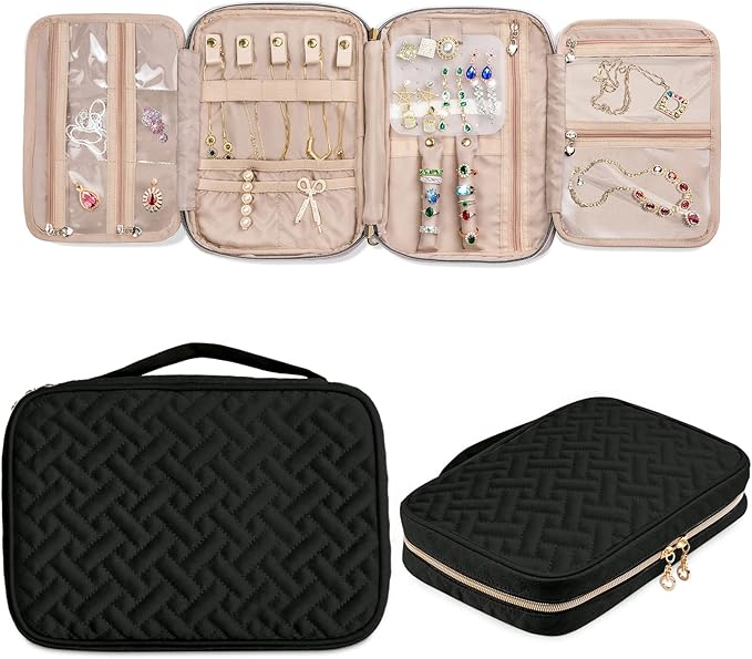 SFYBYHEART Travel Jewelry Organizer Case, Jewelry Travel Bags for Women, Large Capacity Travel Jewelry Case for Tangle-Free Earrings, Necklaces, Rings Storage, Travel Accessories, Black