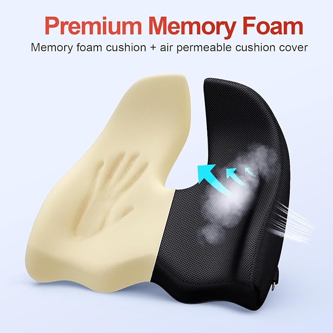 Benazcap Medium Large Memory Seat Cushion for Office Chair Ergonomic Cushions Pad Pillow for Pressure Relief Sciatica & Pain Relief Memory Foam for Long Sitting for Gaming Chair and Car Seat Black