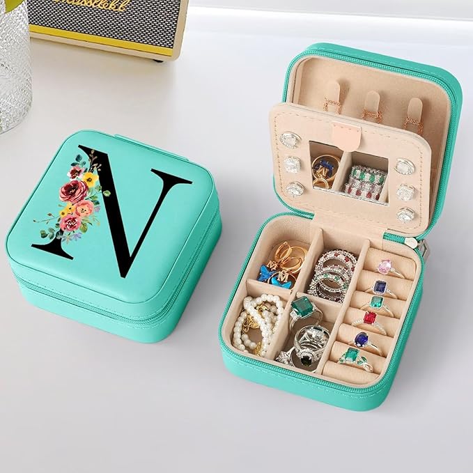 Parima Travel Jewelry Box Jewelry Case - Blue Jewelry Organizer with Mirror Gifts for Women Her Friends Female Birthday Gifts Initial Personalized Jewelry Box for Her - Letter N, Blue