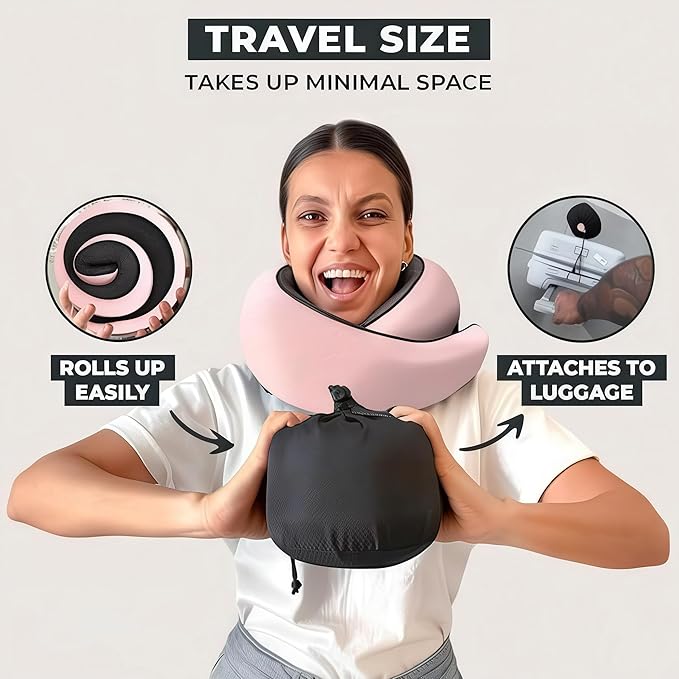 Neck Travel Pillow – Ergonomic Airplane Pillow for Neck Support & Comfort | Compact & Washable Cover | Perfect for Airplane, Car, Train & Home Use | Travel Pillow for Adults & Kids (Pink)