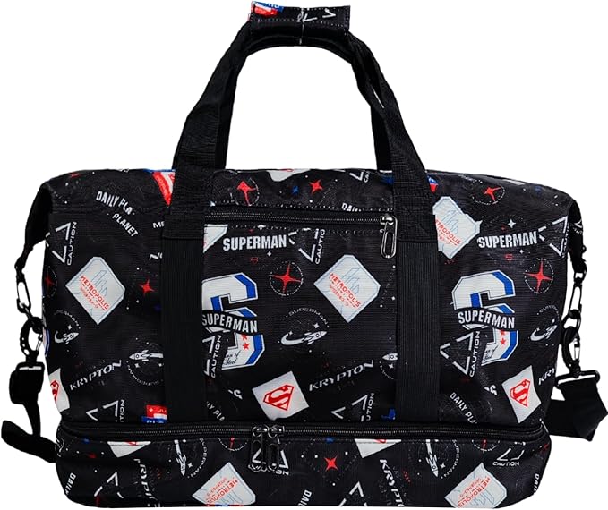 SUPERMAN Travel Duffel Bag with Krypton-Inspired Graphics, Durable Construction, Spacious Storage, Adjustable Shoulder Strap, and Multiple Carrying Options for Fans of Bold Designs