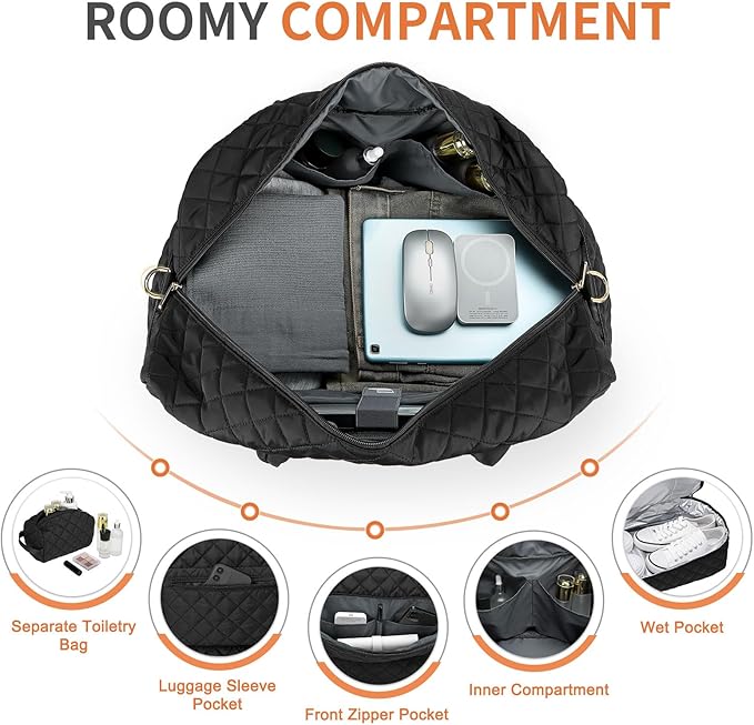 50L Large Travel Duffle Bag for Women, Weekender Overnight Bag W/Shoe Compartment+Wet Pocket+Toiletry Bag TSA Approved, Black