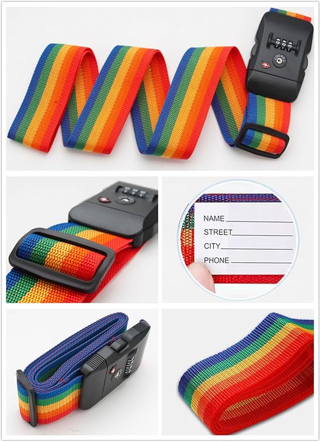 Travel Luggage Strap Adjustable Suitcase Packing Belt with TSA Combination Lock(Rainbow 2 Pack)