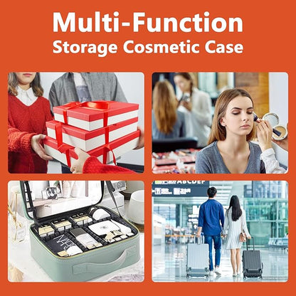 Travel Makeup Bag for Makeup Artists Large Makeup Case,with Mirror 3 Color Setting and Detachable 10x Magnifying Mirror Travel Makeup Bag,Portable Storage and Adjustable Dividers （orange）