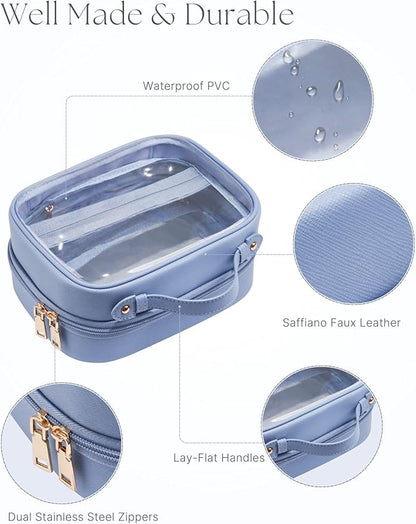 Clear Cosmetic Bag Double Layer Travel Toiletry Bag Clear Makeup Bag Case with 4 Compartments, Transparent Travel Bag for Toiletries, Large Toiletry Bag for Women Cosmetic Case (Blue, Small)