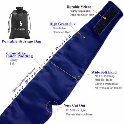Nature Silk Sleeping Mask Soft Featherweight Eye Mask Large Wrap-Around Blindfold with Adjustable Velcro Blackout for Wild Sleeper Nose Cut (NavyBlue)
