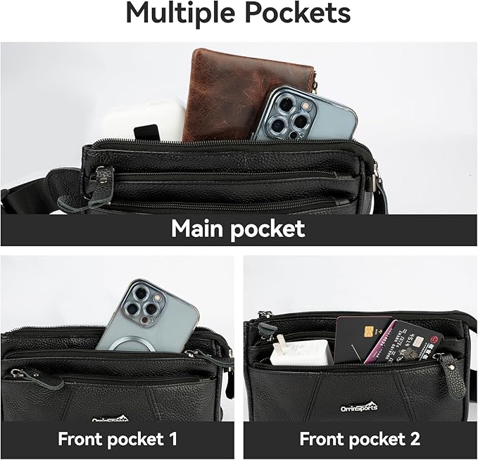 Genuine Leather Fanny Pack For Men and Women Multiple Pockets Waist Bag with Adjustable Strap for Outdoors Workout Traveling Casual Running Hiking Cycling Black Belt Bag