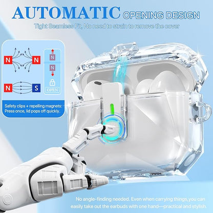 R-fun for AirPods Pro 3 Case (2025) Cover with Cleaning Kit, Military-Grade Shockproof Transparent Non-Yellowing, Auto Pop-Up Lid Design for AirPods Pro 3rd Generation Case, Clear White