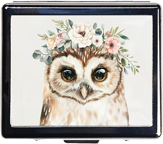 7 Days Chromed Shiny Silver Pill Organizer with Mirror Inside Has 8 Separate Compartments Rectangle Cute Travel Pill Organizer for Purse 7 Days (Cute owl)