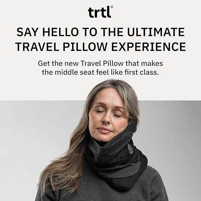 trtl Travel Pillow Cool for Neck Support - Cooling Airplane Neck Pillow for Sleeping - Breathable Fabric - Easy to Carry - Ergonomic Design for Traveling on Planes, Cars, and Trains - Black/Grey