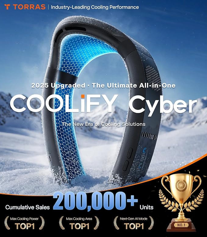 TORRAS COOLiFY Cyber 2025 Flagship AI Neck Air Conditioner, Ultimate Immersive Cooling Portable Neck Fan【No.1 Coolest & Max Cooling Area】 Neck Fans that Blow Cold Air 6000 mah Rechargeable for Gifts
