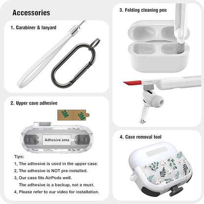 WENEW Case for AirPods Pro & Pro 2 Case Cover Secure Lock Automatic Snap Switch Clip Cleaner Kit Lanyard Women Stylish Leaf Full Body Hard Shell Front LED Visible (Green Leaves, AirPods Pro & Pro 2)