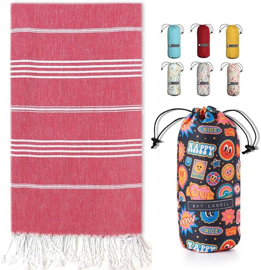BAY LAUREL Turkish Beach Towel with Travel Bag 39 x 71 Quick Dry Sand Free Lightweight Large Oversized Towels Light (Red with Mix Black)