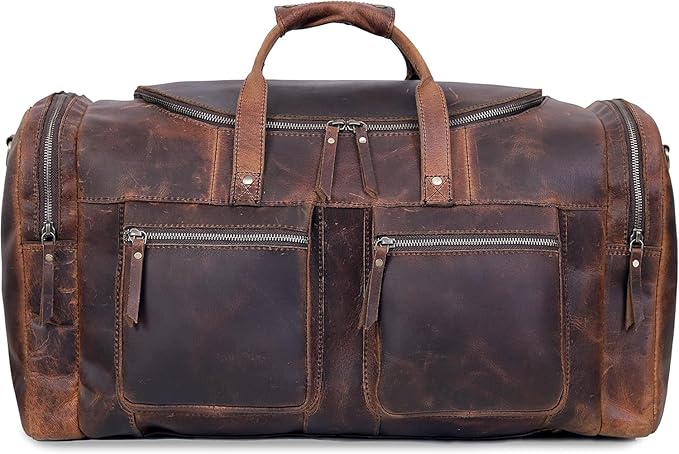 20" Vintage Duffel Classic Style with Modern Outlook Retro Thick Full Grain Cowhide Handmade Airplane Underseat Carry On Bags Leather Gym Overnight Luggage Bag