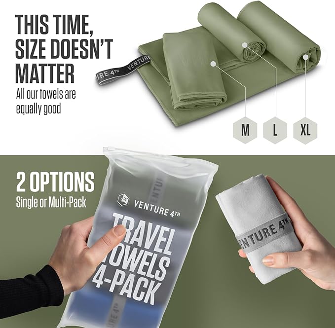 VENTURE 4TH - 4pcs Quick Dry Towels. Microfiber Travel Towels Ideal for Camping, Hiking, Backpacking, Gym. Lightweight & Fast Drying Travel Towels for Body. Compact & Easy to Pack - 4 Pack Medium