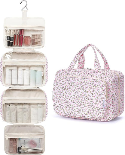 Narwey Travel Toiletry Bag for Women Large Hanging Makeup Bag Organizer Toiletries Bag for Full Size Essentials Accessories Cosmetics (Green Leaves and Flower (Large))