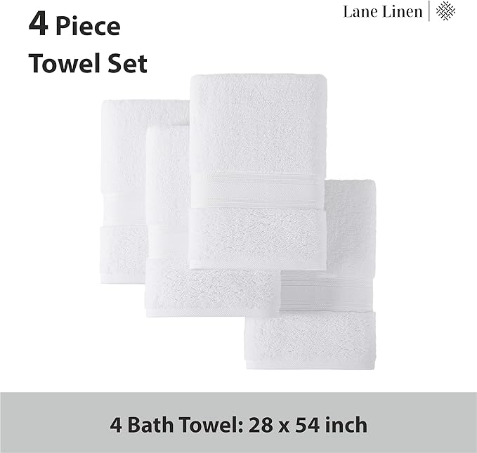 LANE LINEN 100% Cotton 4 Pack Bath Towels (28"x54") - Zero Twist, Cotton - Large Towels for Bathroom - Quick Drying, Highly Soft & Absorbent Shower Towel Set - Hotel & Spa Quality - White Towel Set