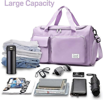 Travel Duffel Bag with Shoes Compartment Sports Gym Bag with Dry Wet Separated Pocket for Men and Women, Overnight Bag Weekender Bag Training Handbag Yoga Bag - Purple