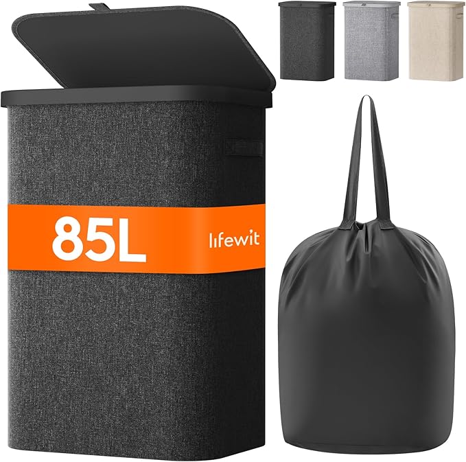 Lifewit 85L Laundry Basket with Lid, Large Laundry Hamper with Plastic Handles and Removable Bag, Foldable Tall Dirty Clothes Hampers for Laundry for Laundry Room, Bedroom, Bathroom, Dorm, Dark Gray