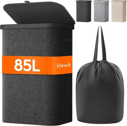 Lifewit 85L Laundry Basket with Lid, Large Laundry Hamper with Plastic Handles and Removable Bag, Foldable Tall Dirty Clothes Hampers for Laundry for Laundry Room, Bedroom, Bathroom, Dorm, Dark Gray