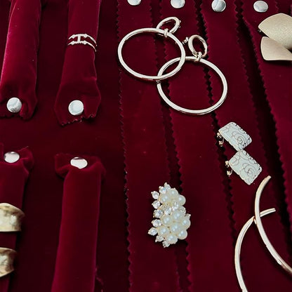 UnionPlus Velvet Jewelry Case Roll Bag for Necklace Bracelet Earrings Rings Multi-compartments, Great Jewelry Organizer for Travel, Burgundy