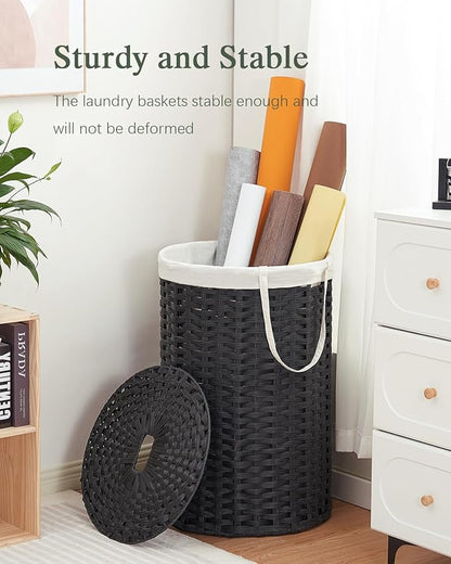 Large Laundry Hamper Laundry Basket Round 34.3 Gal (130 L) Handwoven Wicker Laundry Baskets Rattan Laundry Basket with Laundry Bag Handles 2 Mesh Bags for Living Room Bedroom Black