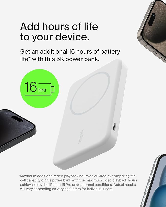 Belkin Portable Charger, Wireless Power Bank 15W 5000 mAh w/ Qi2 - MagSafe Charger w/Built-in Pop-up Kickstand - iPhone 17, Air, Pro, Pro Max, AirPods, Apple Watch, Google Pixel 10, etc. - White