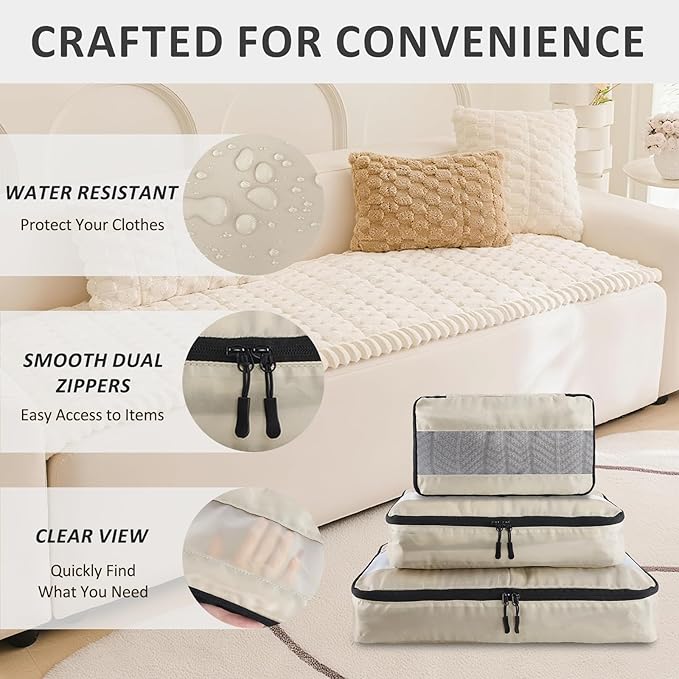 U+U 5 Set Packing Cubes for Travel Essentials Ultralight Luggage Packing Organizers with Laundry Bag and Shoe Bag for Vacation, Business Trip and Camping (Cream)
