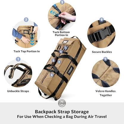 STOVER 80L Rolling Duffel Bag with Wheels, Large 31 Inch Durable Travel Duffle Bag + Toiletry Bag, Heavy Duty, Packable, Foldable w/Shoulder Straps- Use as Luggage or Backpack, Men/Women (Tan)