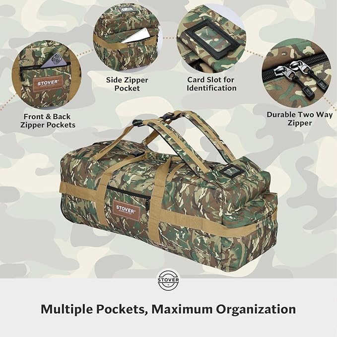 STOVER 100L Rolling Duffel Bag with Wheels, X-Large Durable Travel Duffle + Toiletry Bag, Heavy Duty, Packable with Shoulder Straps- Use as Luggage or Backpack (Camouflage)