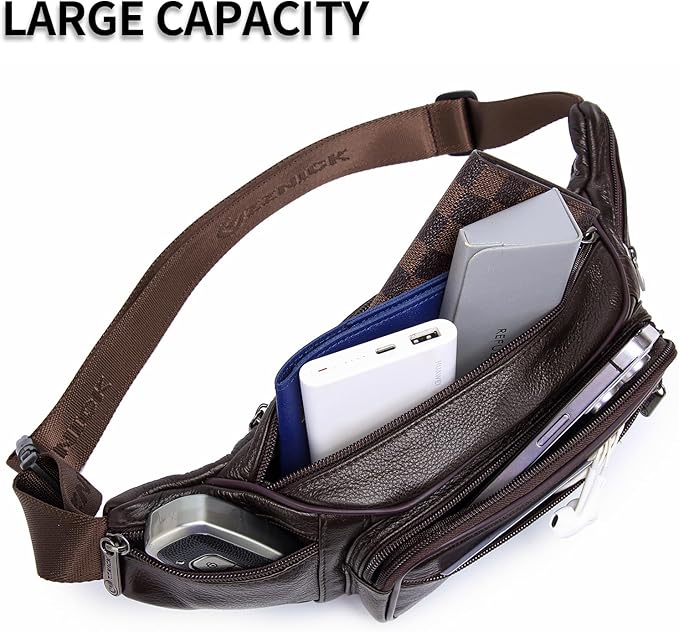 Genuine Leather Fanny Pack/Waist Bag/Organizer with Adjustable Belt, Multiple Pockets For Men and Women