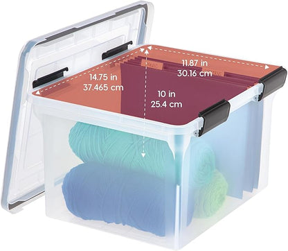 IRIS USA File Box WeatherPro File Organizer Plastic File Box for Letter/Legal File, Water Resistant Document Box, Durable Lid, Seal w/Secure Latching Buckles, Stackable, Nestable, Clear 32 Qt. 4Pack