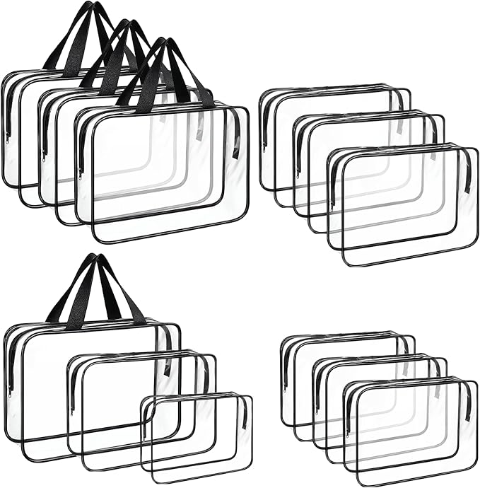 12 PCS Clear Travel Makeup Toiletry Bag, PVC Makeup Bags in 3 Sizes, Portable Travel Luggage Pouch, Waterproof Clear Toiletry Luggage Set with Zipper Handle for Women Girls Men