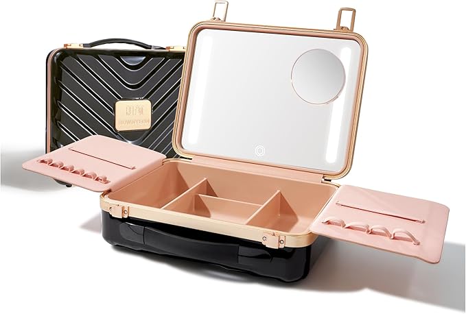 ROWNYEON Travel Makeup Case With Light Up Mirror Portable Train Case Organizer Make up Box for Girls Makeup Artist Hairstylist Casewith 5x Mirror Black
