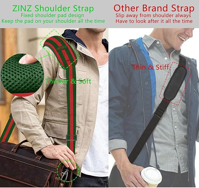 ZINZ 79 inch Shoulder Strap, Extra-thick Fixed Cushion Pad and Dual Clasps Universal Replacement Strap with Metal Swivel Hooks for Laptop Bags, Luggage Bags, Camera, Crossbody(Stripes-GrWGr)