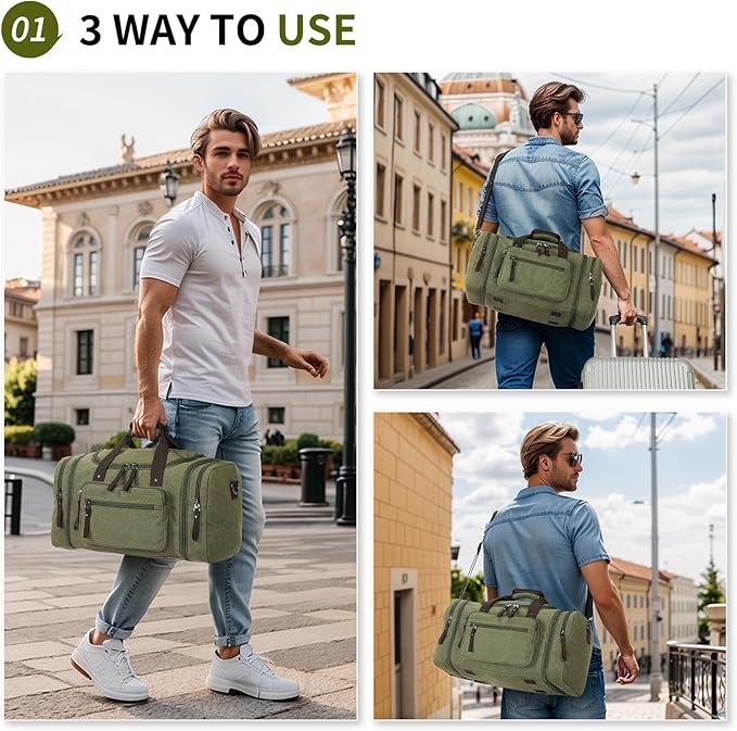 Expandable Canvas Duffel 50cm-58cm, Sturdy Zipper and Reinforced Handles, Lightweight Carry-On Weekender Bag for 3-5 Day Trips, Green