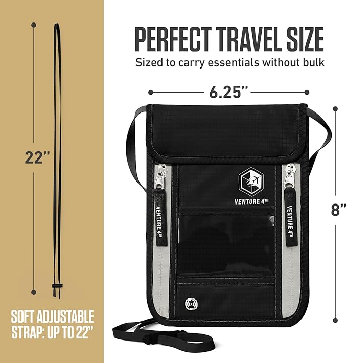 VENTURE 4TH Neck Wallet, RFID Blocking Passport Holder for Travel – Hidden Neck Pouch with 6 Compartments, Slim Lightweight Organizer with Adjustable Strap for Cash, Cards & Passport (Black)