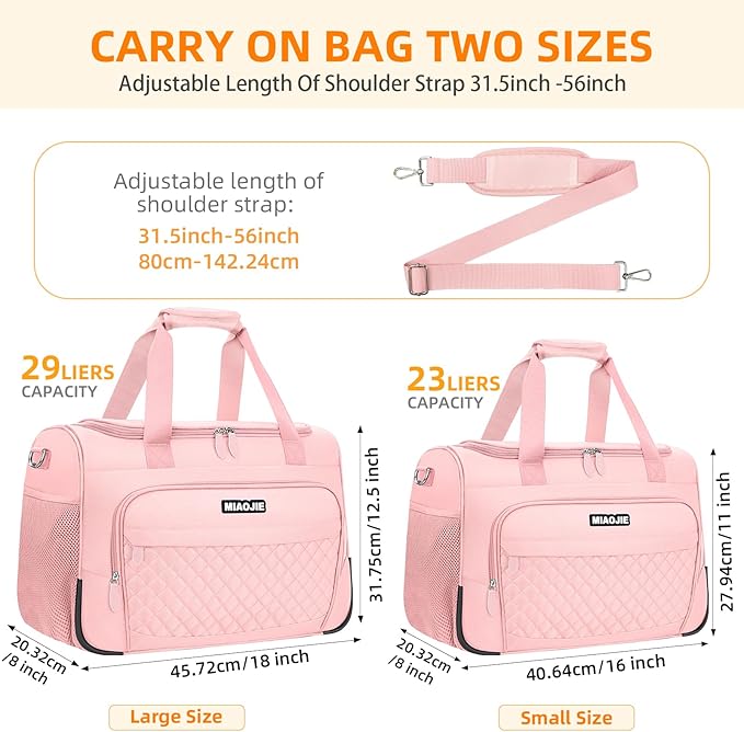 Travel Duffle Bag for Women, Underseat Carry On luggage Bag Foldable Overnight Weekender Hospital Bag Lightweight Airplanes Personal Item Travel Tote Bag for Women Birthday Gifts, 16IN Pink