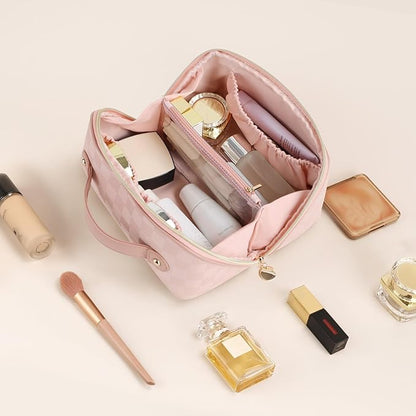 Prite Makeup Bag for Women Travel Waterproof Vegan Leather Cosmetic Bag Open Flat Toiletry Bag With Clear Divider and Handle (Plaid Pink)