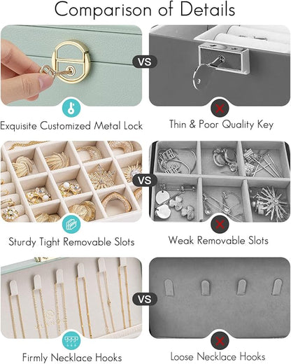 Vlando Jewelry Box Organizer for Women Girls, 2 Layer Jewelry Case with Lock,Jewelry Storage Earrings Necklace,Rings,Gift Box Packaging,Wedding Birthday Gifts Aqua Green