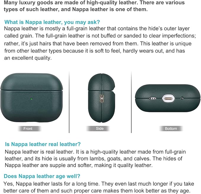 Leather Case for AirPods Pro 2nd Generation (Not for AirPods Pro 1st Gen), Lopie Handmade AirPods Pro 2 Leather Case Cover, Protective Case Fully-Wrapped with Top Grain Leather - Dark Green