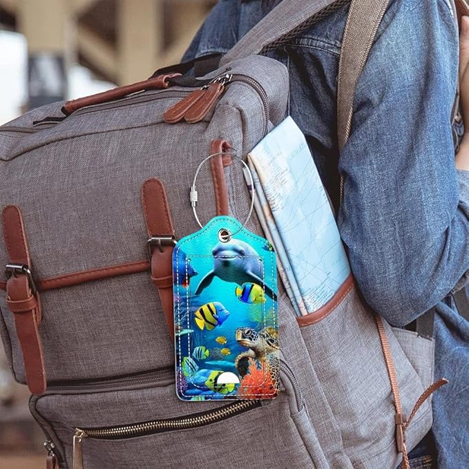 Funny PU Leather Luggage Tags 2-Pack Ocean Dolphin Sea Fish Coral Cute Pattern Suitable for Suitcase Stainless Steel Loop and Address Card Essential for Cruise and Airport Travel for Men and Women