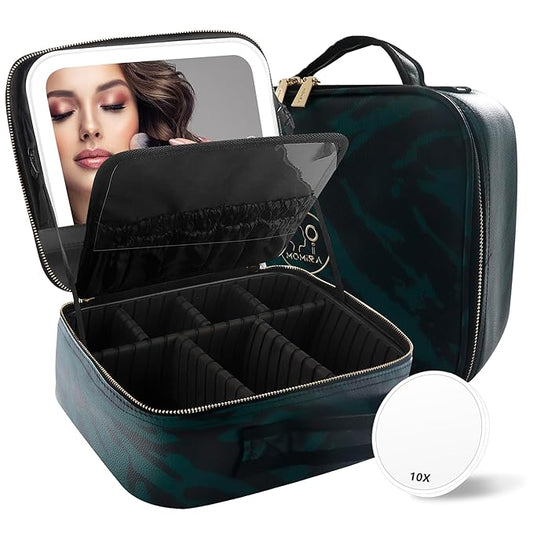 MOMIRA Travel Makeup Bag Cosmetic Bag with Lighted Mirror, Adjustable Brightness in 3 Color Scenarios, Waterproof, 10x Magnifying Mirror, Rotatable Independent Light Mirror- Zebra Green