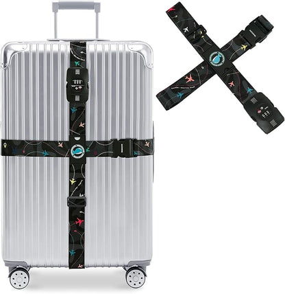 Travelkin Luggage Straps TSA Approved - Adjustable Cross Suitcase Straps with TSA Lock, Reinforced Buckle, Unique Pattern - Secure Heavy Duty Luggage Straps for Travel (Air Line Black)