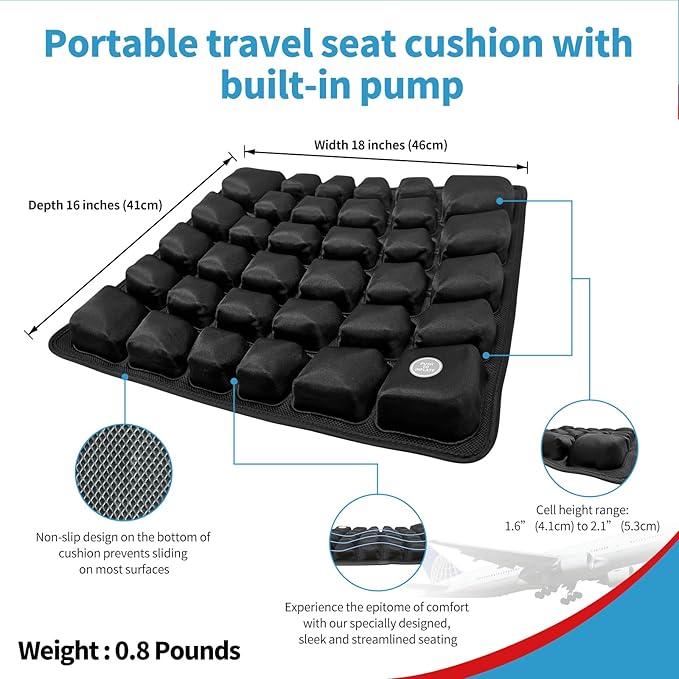 Inflatable Travel Seat Cushion with Built-in Pump & Carry Bag - Portable and Adjustable for use in Airplane, Car, Train, Truck, Office, Home - Coccyx, Sciatica, Tailbone Pain Relief (Black)