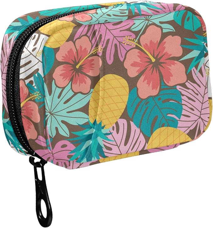 Fustylead Hibiscus Pineapple and Tropical Leaf Travel Pill Organizer Bag with Zipper Small Pill Box 7 Day Pill Case for Purse Storage Weekly Vitamin Medicine Supplement