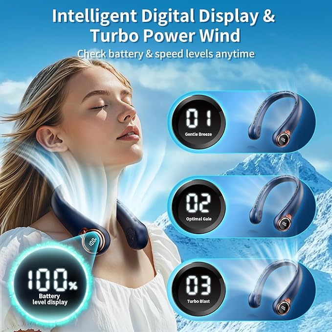 Portable Neck Fan with 6000mAh USB - Rechargeable Battery, Ultra-Light Bladeless Neck Fan LED Display, 360° Cooling Wearable Fan, 3 Speeds (Blue)
