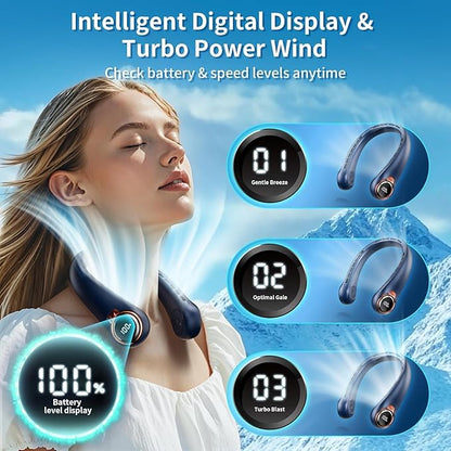 Portable Neck Fan with 6000mAh USB - Rechargeable Battery, Ultra-Light Bladeless Neck Fan LED Display, 360° Cooling Wearable Fan, 3 Speeds (Blue)