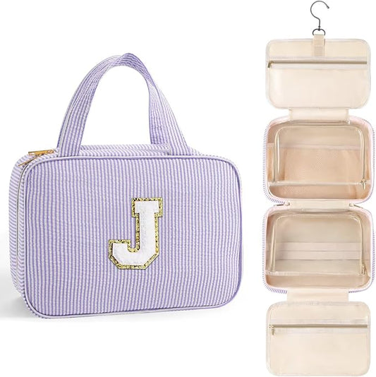 TOPEAST Travel Toiletry Bag Makeup Bag - Hanging Toiletry Bag for Women, Portable Toiletries Travel Bag and Cosmetic Bag, Airplane Travel Essentials Travel Toiletry Bag - Letter J, Purple